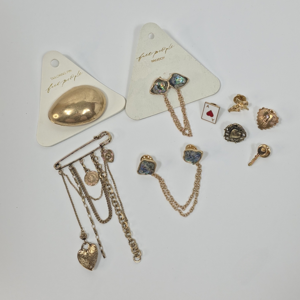 Free People Brooch Pin Lot of 9 Gold Tone Style Charm Chain Tavi Moody Medley